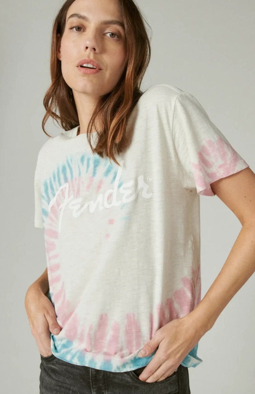 LUCKY BRAND Women’s Tie-Dye Fender T-Shirt XS White Blue Pink Boyfriend Tee NWT